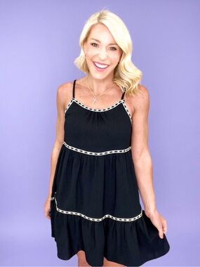 Cozy Co The Tamera Dress-Black Tiered Spaghetti Strap Dress with Ivory Trim